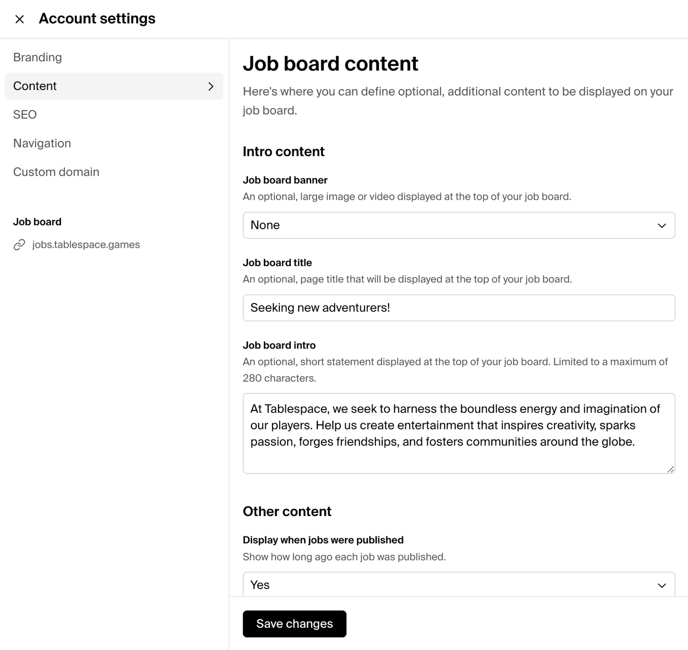 An image of the job board configuration page in Polymer